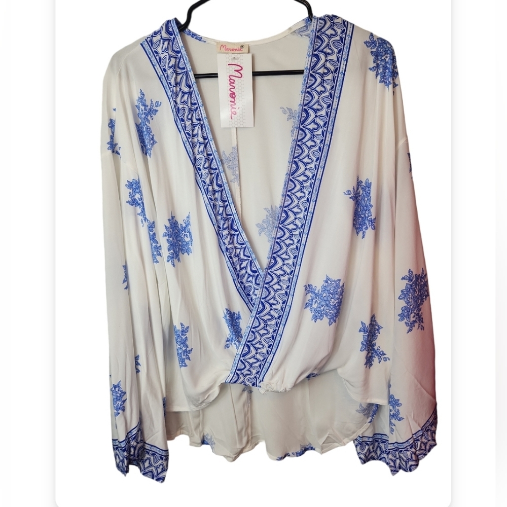 Maven Blue & White Printed Wrap Blouse